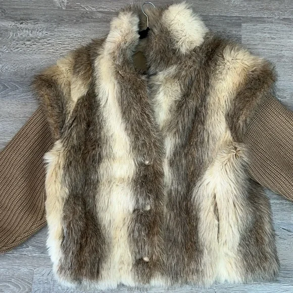 Vintage glamorous chic classic vintage ivory taupe faux fur sweater jacket 13/14 - Picture 13 of 16